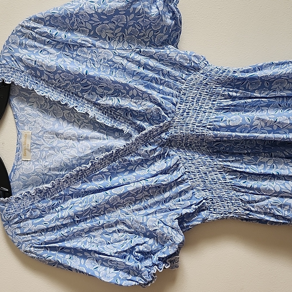 Seven Islands Deep V Neck Floral Blue Patterned Maxi Dress Puff Sleeve Ruffles - Picture 3 of 4